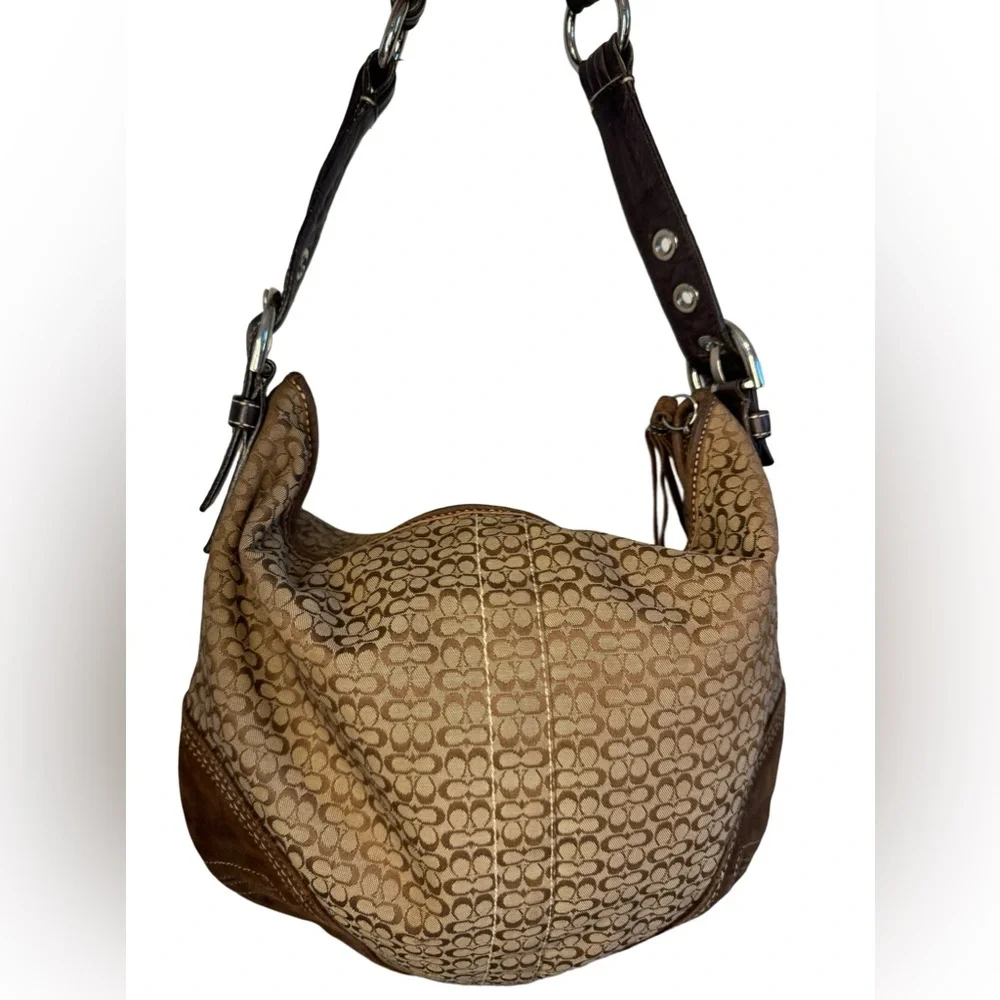 Vintage Coach Signature Print Micro Monogram C Brown Suede & Leather Hobo #2158_2